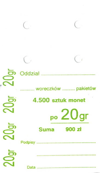 Przywieszki do worka zbiorczego na monety obiegowe 20 gr (100 szt.)