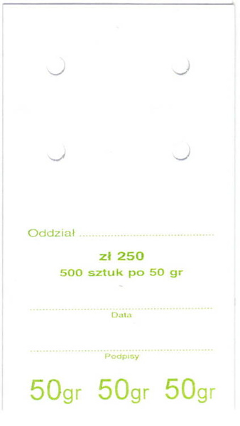 Przywieszki do worka jednostkowego na monety obiegowe 50 gr (100 szt.)