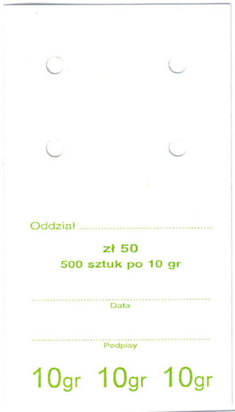 Przywieszki do worka jednostkowego na monety obiegowe 10 gr (100 szt.)