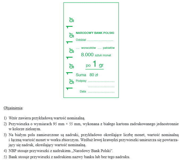Przywieszki do worka zbiorczego na monety obiegowe 5 gr (100 szt.)