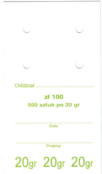 Przywieszki do worka jednostkowego na monety obiegowe 20 gr (100 szt.)